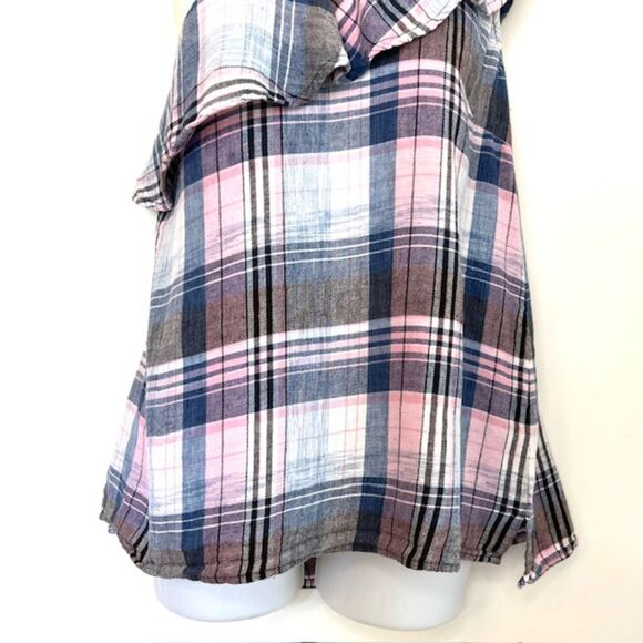 ANTHRO CLOTH & STONE PINK & BLUE PLAID ONE SHOULDER LINEN BLEND TOP SIZE LARGE - Picture 3 of 11